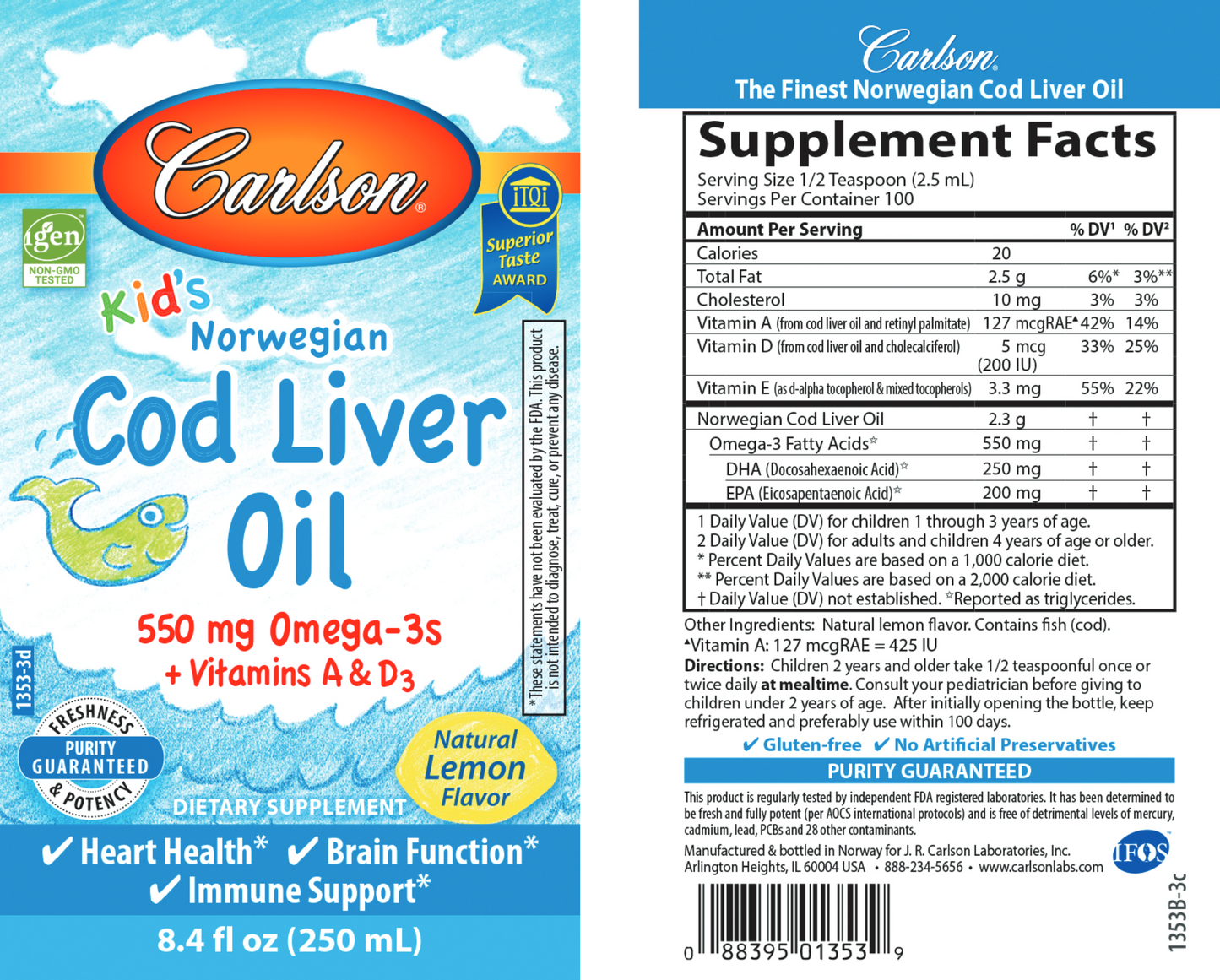 Carlson Kids Cod Liver Oil Lemon 8.4 oz