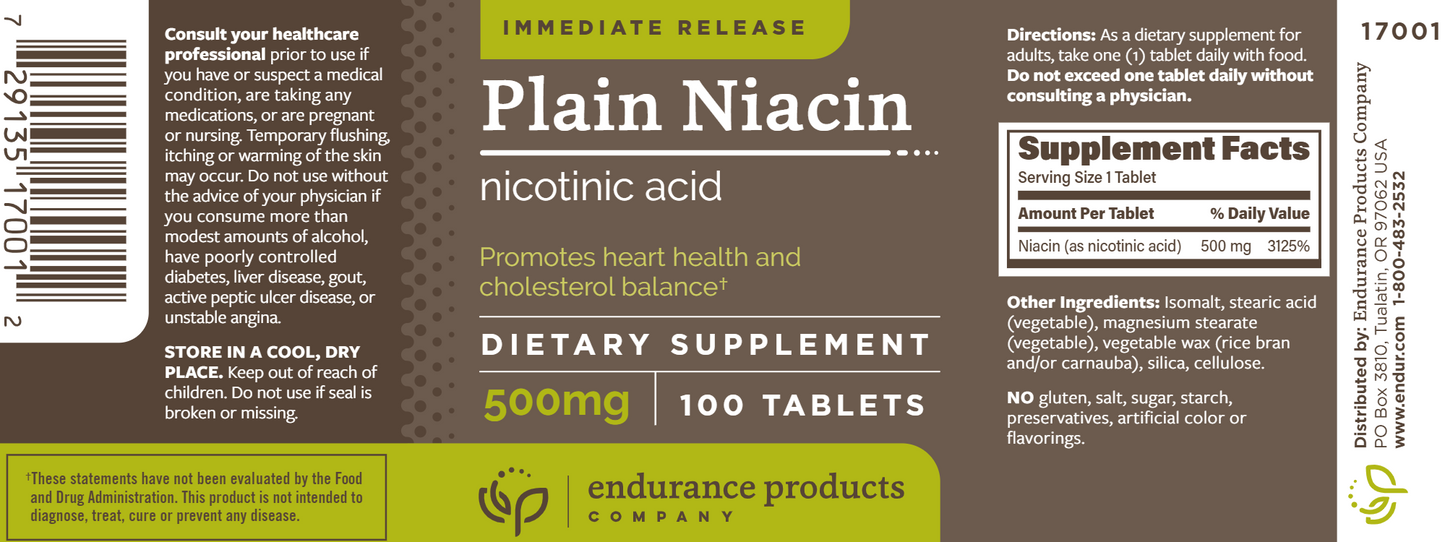 Plain Niacin 500 mg IR 100 tabs