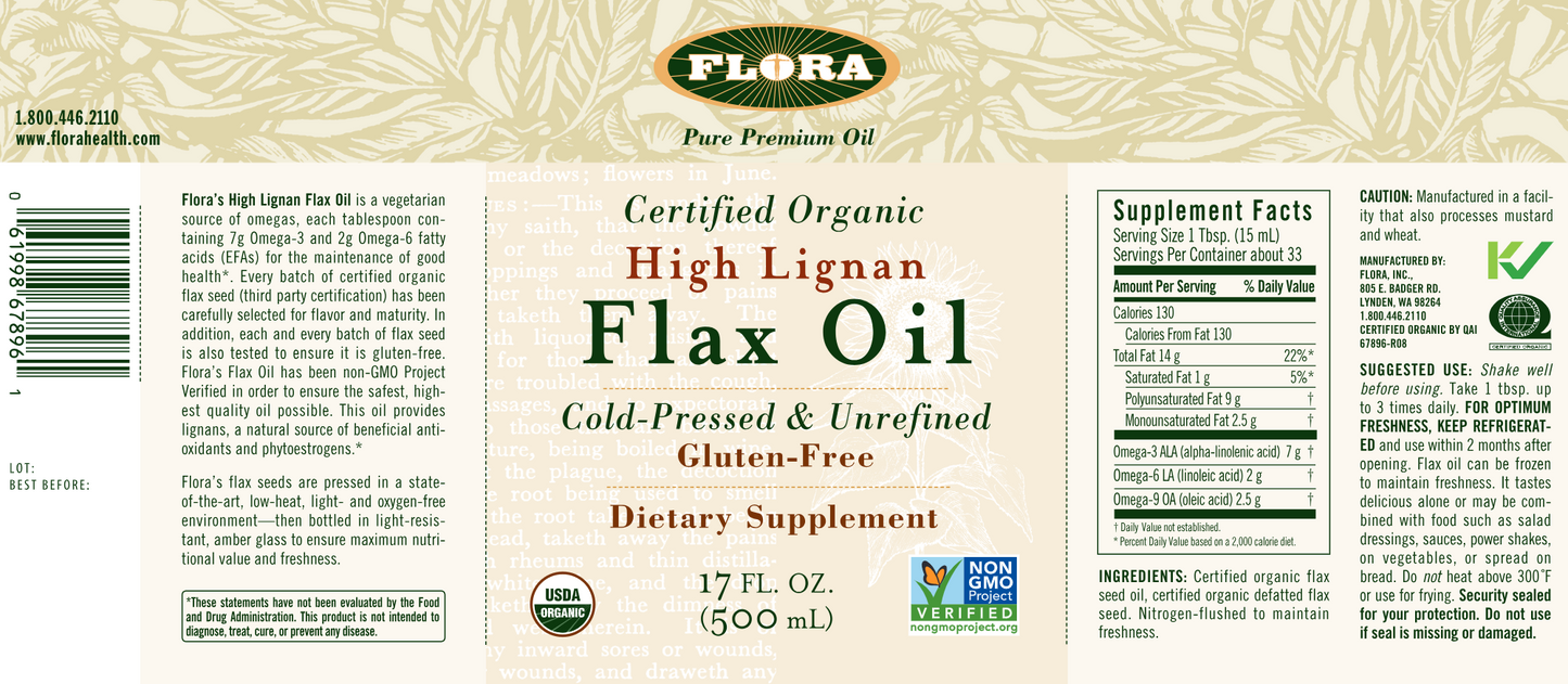 High Lignan Flax Oil Certified Org 17 oz