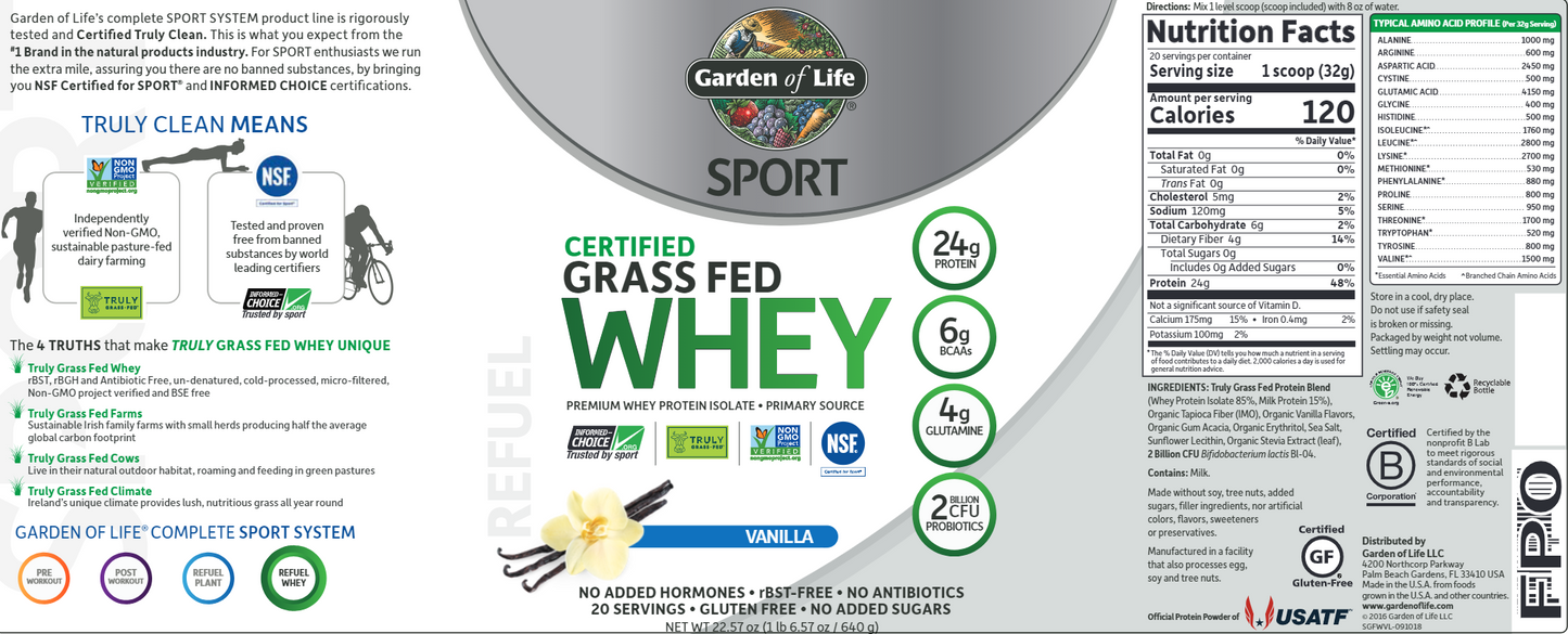 Sport Cert. Grass Fed Whey Van 640 g