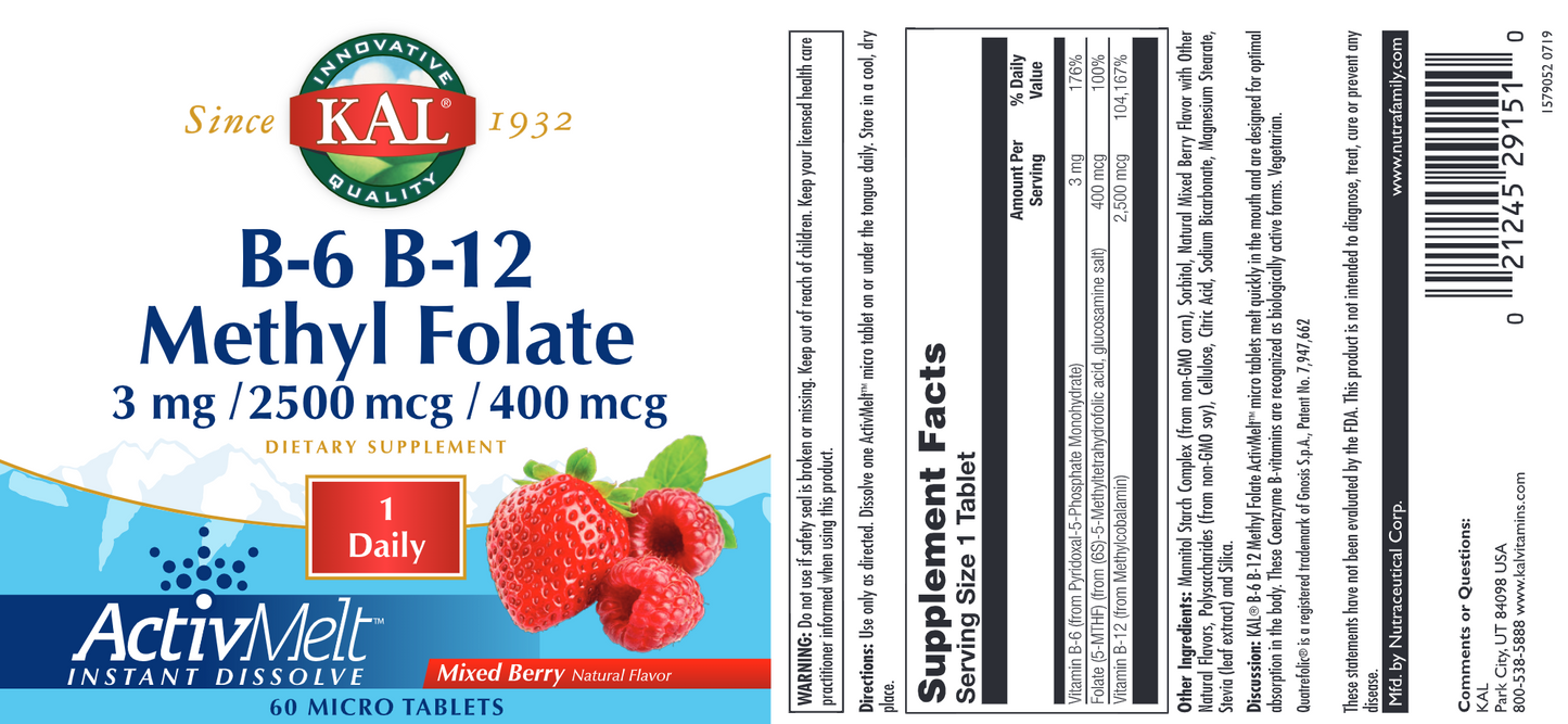 B6 B12 Methyl Folate ActivMelt Berry 60 vegtabs