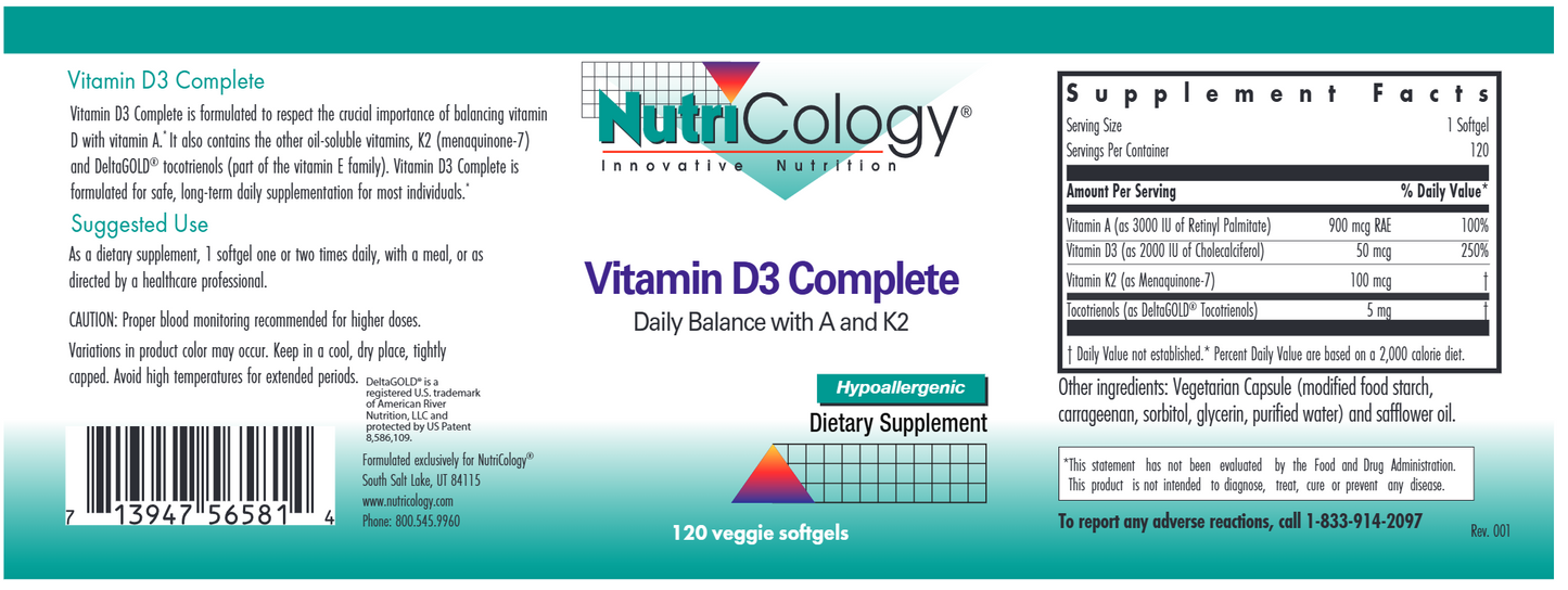 Vitamin D3 Complete Daily Balance with A and K2 60ct