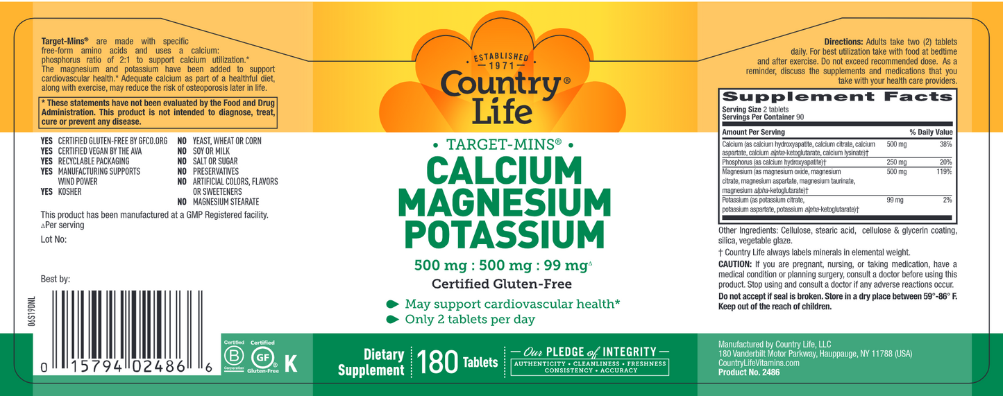 Calcium/Magnesium/Potassium 180 tabs